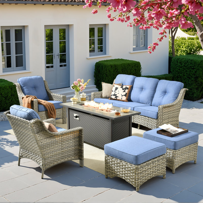 Daliya Wicker 5 - Person Patio Conversation Set with Cushions, Blue