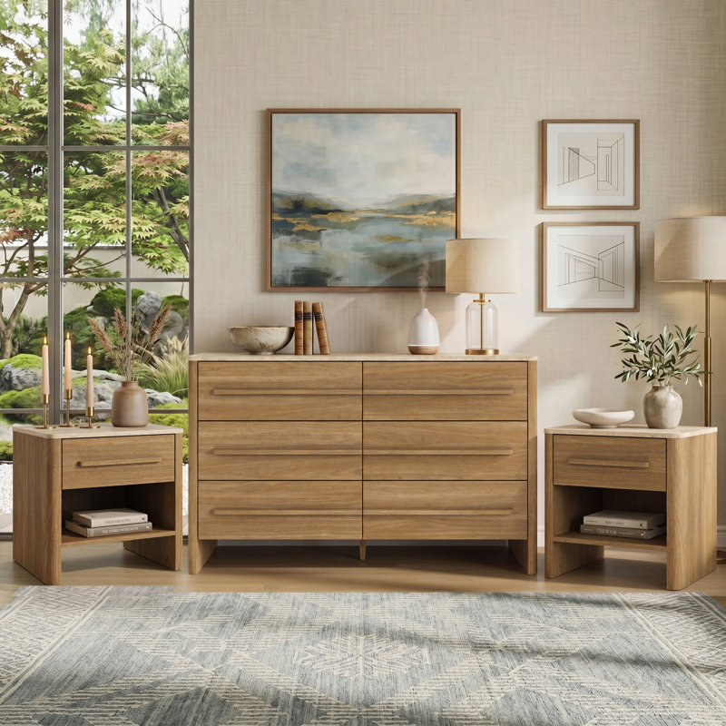 Ensemble de chambre à coucher 3 pièces (ensemble de 2 commodes à 6 tiroirs et 1 table de chevet)