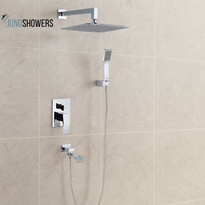 Juno Square Chrome Wall Mount Rain Shower Head With Mixer And Handheld Shower