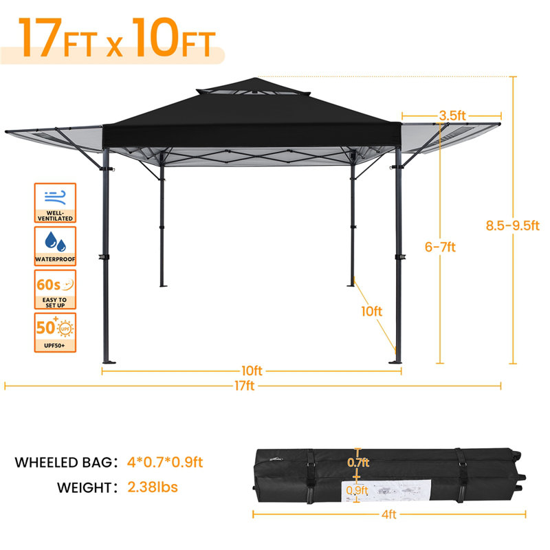 17 Ft. W X 10 Ft. D Steel Pop-Up Canopy, Black