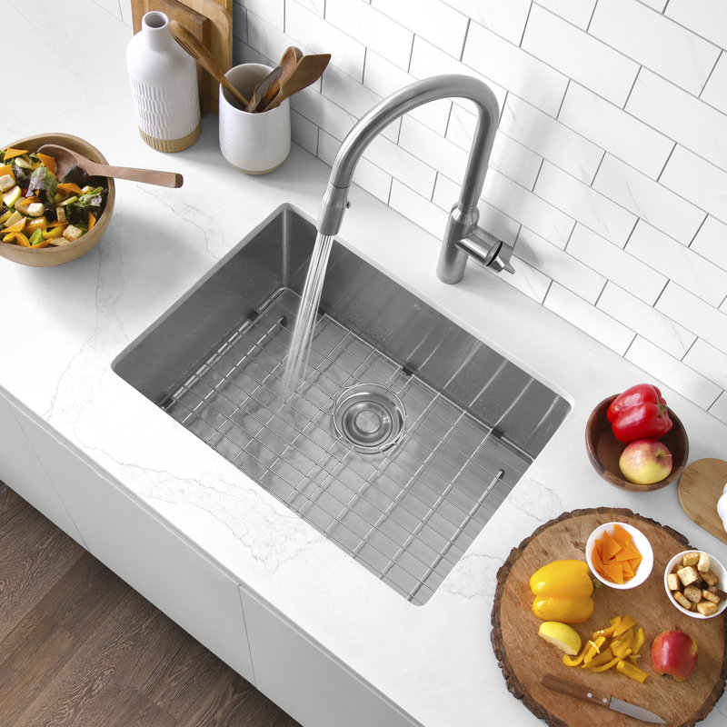 Stylish Undermount 25" Stainless Steel Kitchen Sink with Grid and Strainer