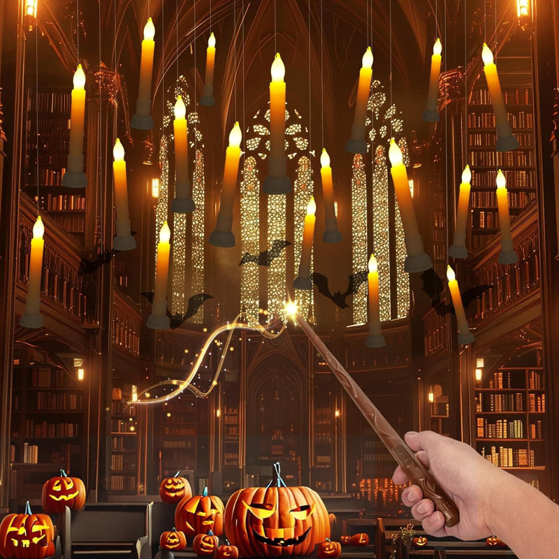 Floating Candles with Wand Remote (Batteries Included) - 12 pack Flickering Warm Light Flameless Taper, Magic Hanging with Base, for Birthday/Halloween Decor