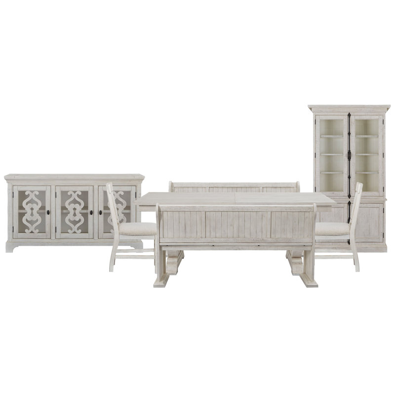 Extendable Rectangular Dining Table With 2 Benches 2 Upholstered Side Chairs Server And Dining Cabinet