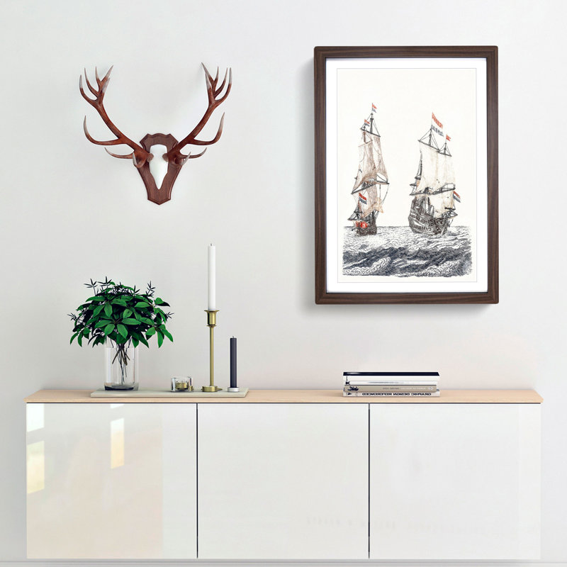 Two French Sailing Ships by Johan Teyler - Framed Print, 48cm H x 36cm W x 2cm D, Walnut Framed