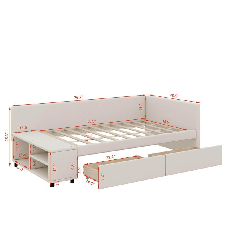 Twin L-Shaped Upholstered Platform Bed With Drawers, Beige