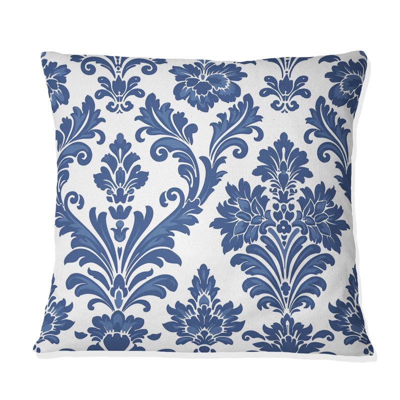 «Blue Whitetimeless Damask Glamour Art II» - Coussin décoratif transitionnel, H 18 po x l 18 po