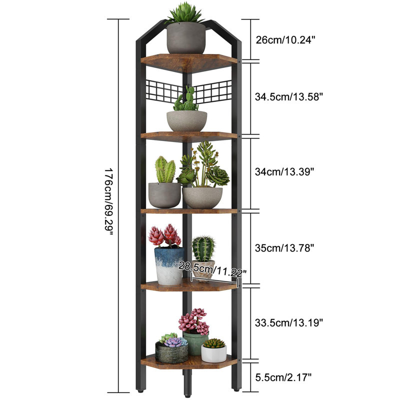 Montfort 176cm H x 28.5cm W Iron Corner Bookcase, Rustic Brown