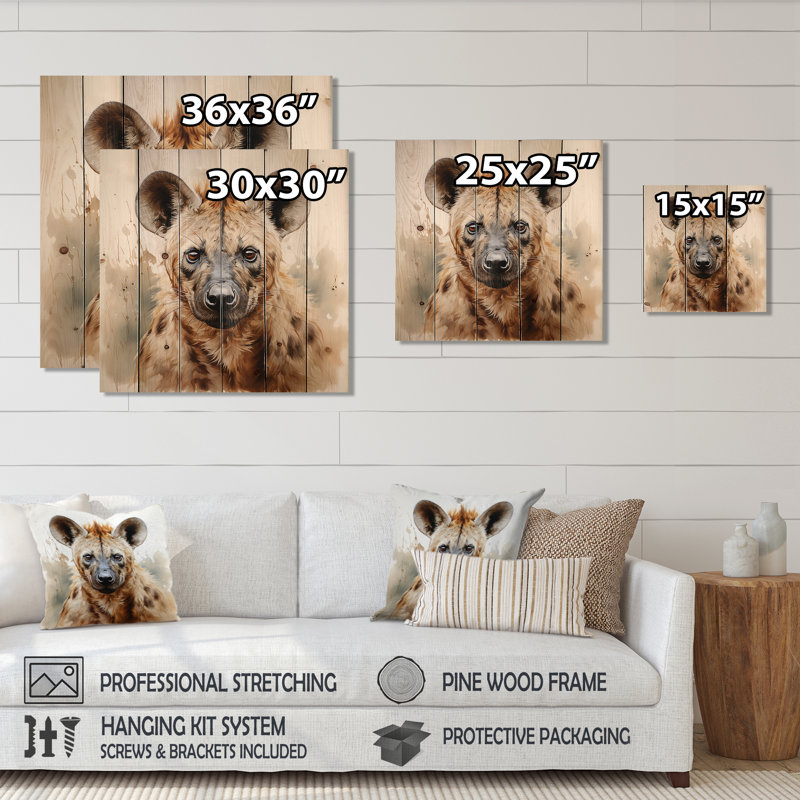 Portrait d'une hyène brune africaine - animaux sur bois, H 25 po x l 25 po