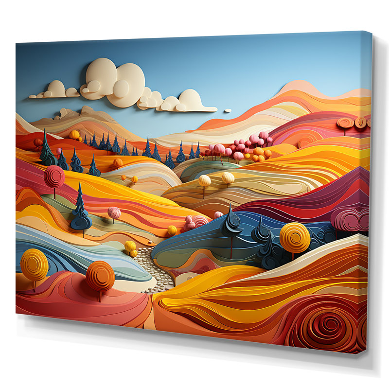 «Whimsical Fields of Color Landscape» - campagne grand art mural, Toile tendue, H 30 po x l 40 po x P 1,5 po