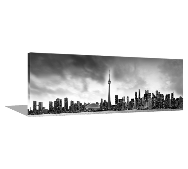 Toronto et la Tour du CN en noir et blanc - Imprimé, H 25 po x l 73 po x P 3 po, Toile tendue