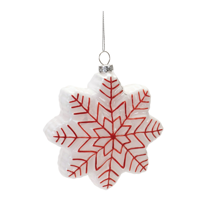 Set of 12 Wintry White and Red Glass Snowflake Ornaments