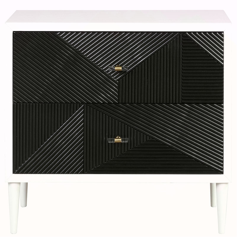 White + Black Accent Nightstand With 2 Drawers - Enhances Bedroom Decor And Drawers, Front For Classy Look