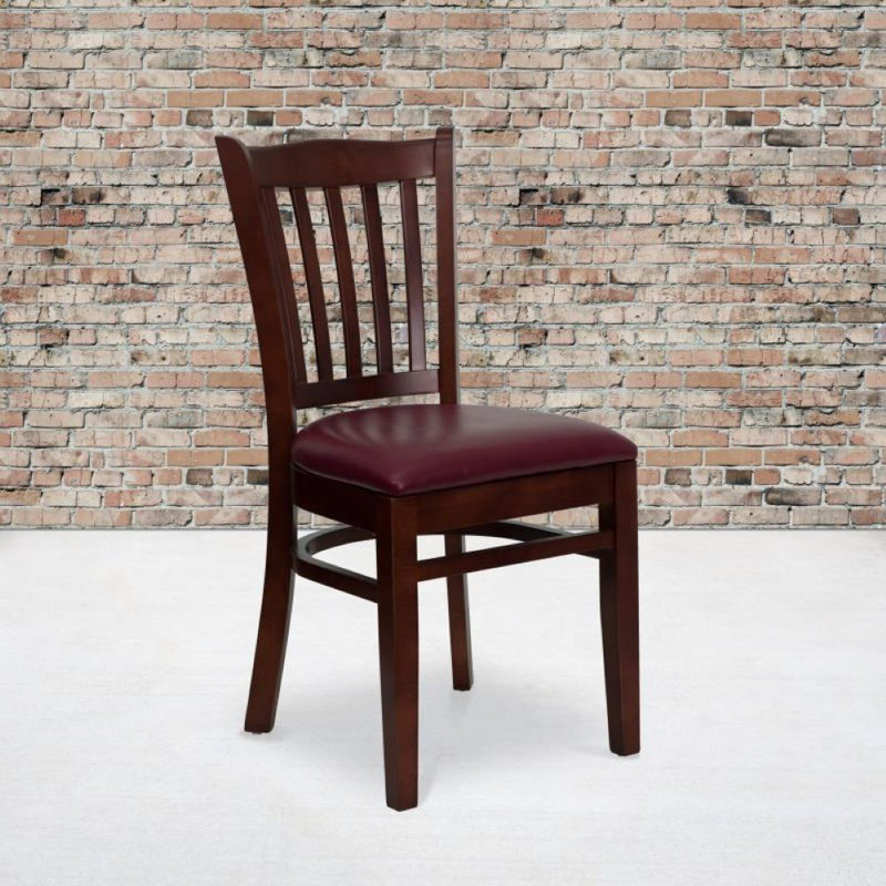 Orlison Vertical Slat Back Wooden Restaurant Chair, Mahogany, Burgundy Vinyl