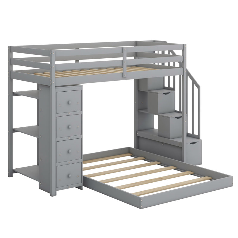 Bunk Bed With 3-Layer Shelves, Drawers And Storage Stairs, Gray