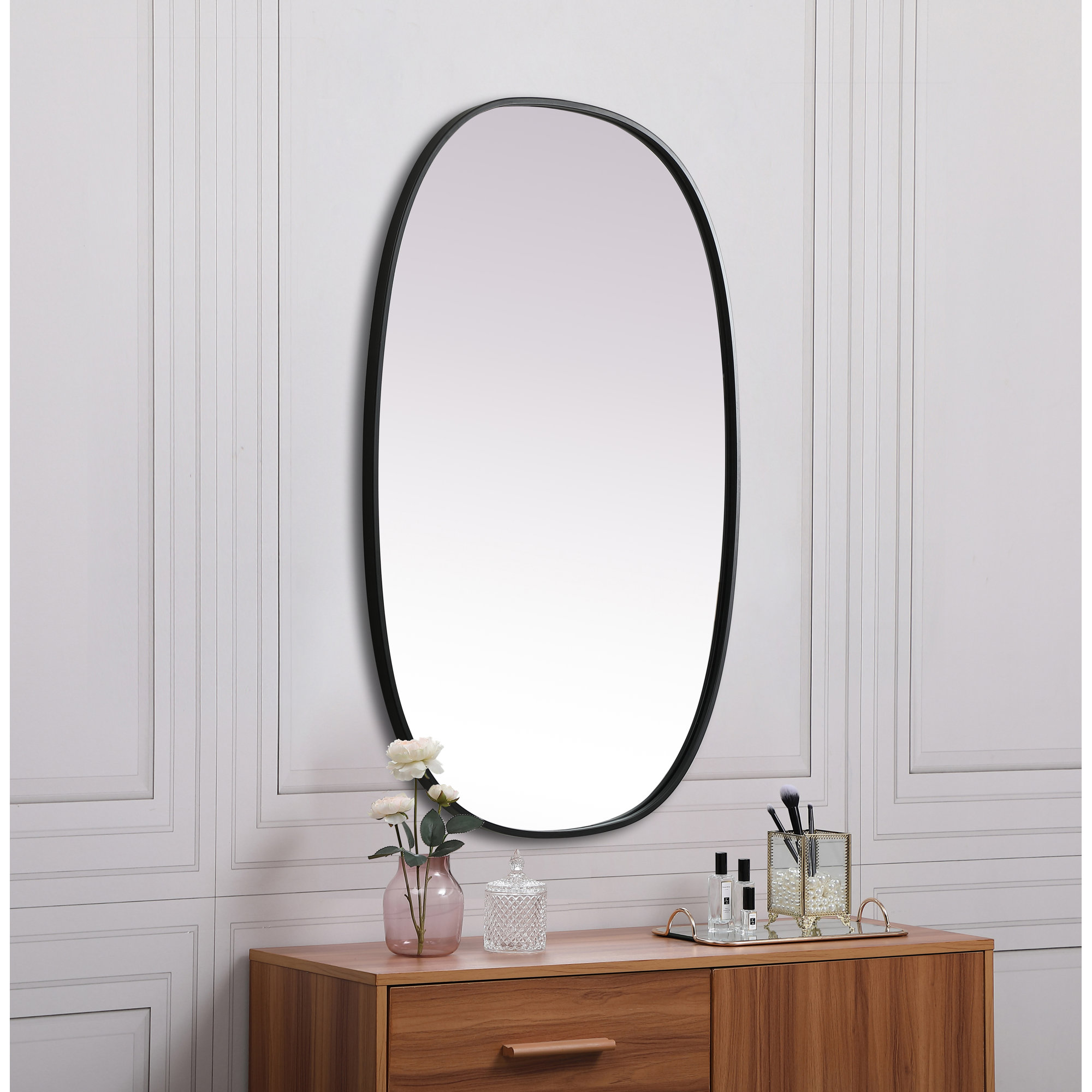 Sabine Metal Curved Oval Wall Mirror, 40" x 27", Black