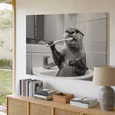 A Playful Scene Featuring An Otter Standing On Its Hind Legs In A Bathroom Holding A Canvas Wall Art Premium Quality Ready To Hang