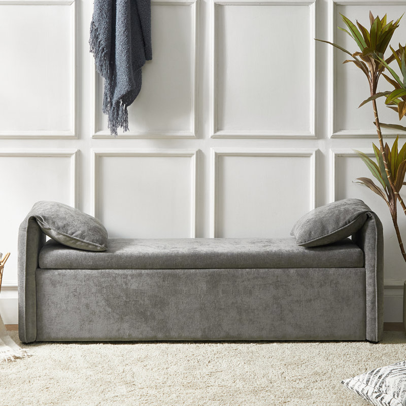 Aristides Modern 61''W Upholstered Storage Bench with Pillows Designed to Resemble Elephant Ears, Gray