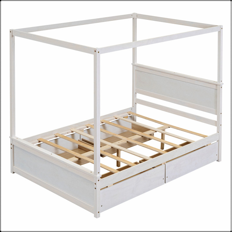 Wood Canopy Bed with Four Drawers ,Full Size Canopy Platform Bed with Support Slats