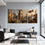 Fantaisie et science-fiction, paysage urbain Steampunk avec tour de l'horloge et dirigeables, ensemble de 3 impressions sur toile-1085010255