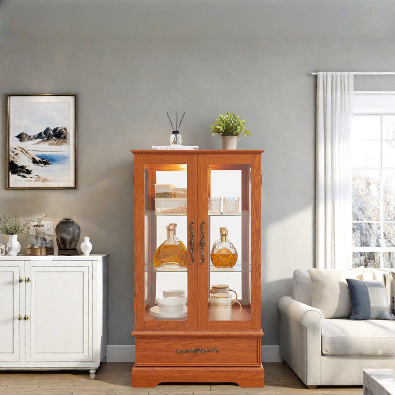 Lighted Glass Curio Display Cabinet With Adjustable Shelves, 1 Drawer And Led Light