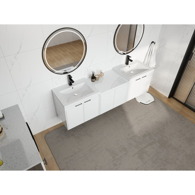 Meuble-lavabo 72 po avec lavabo en résine, portes à fermeture en douceur et 1 armoire latérale, conception à fixation flottante, blanc brillant, contreplaqué (emballage KD) - 24 po x 2 + 24 po