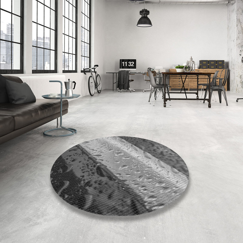Tapis gris/zone blanche à motifs Sirstins, Rond 5 pi