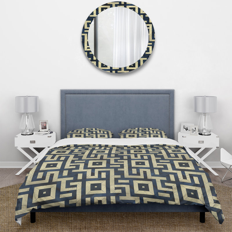 Ensemble de housse de couette Gold Blue Midcentury Maze III - Midcentury, Housse de couette pour grand lit + 2 taies décora