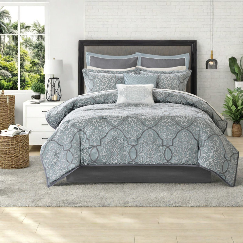 Luxury Blue King Bedding Set, Cotton Jacquard Design, Comfortable Home Upgrade