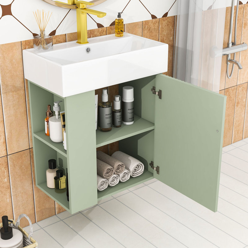 Modern Floating Bathroom Vanity with Wave-Patterned Door, Ceramic Sink and Storage Shelves, Green