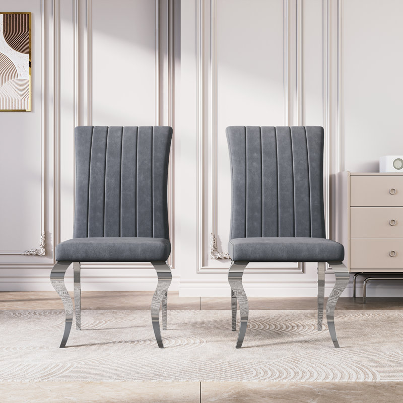 18.5”H Modern Dining Chairs, Arm Less Chair With Polished Stainless Steel Legs, Gray, Silver