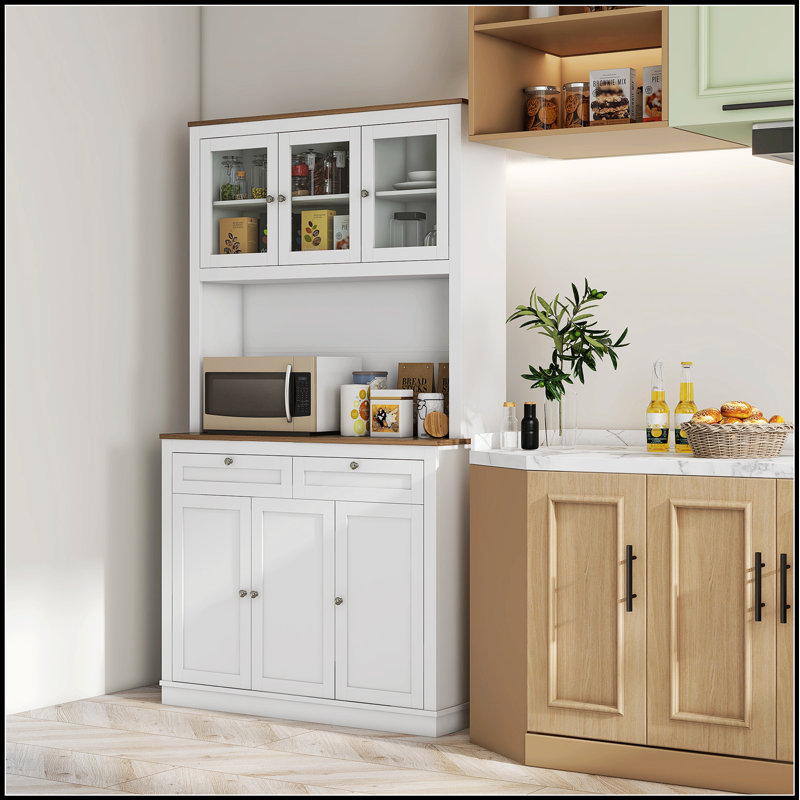 Armoire de rangement pour garde-manger de 71 po de hauteur avec support pour micro-ondes, buffet autoportant avec huche, 2 tiroirs, 5 portes, tablettes réglables et portes en verre pour la cuisine, la salle à manger