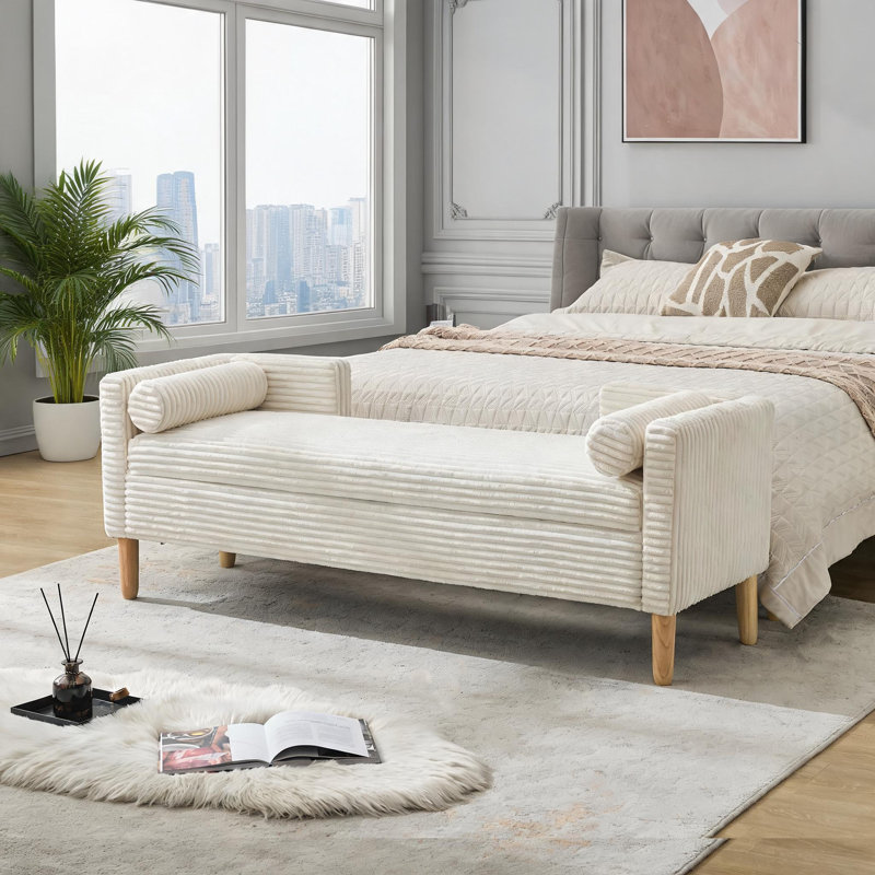 2-Seat 65.35 Inch Wide Upholstered Storage Bench, Corduroy Accent Bench for End of Bed and Entryway, Warm Beige, White, White