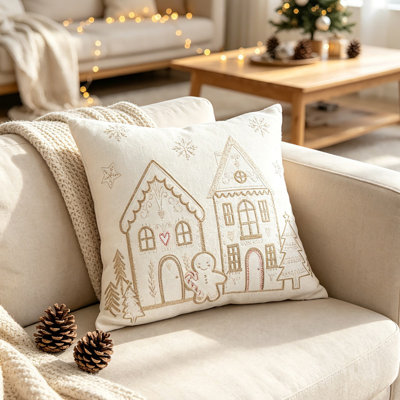 Housse de coussin décorative de Noël brodée, motif maison en pain d'épice, 45 x 45 cm