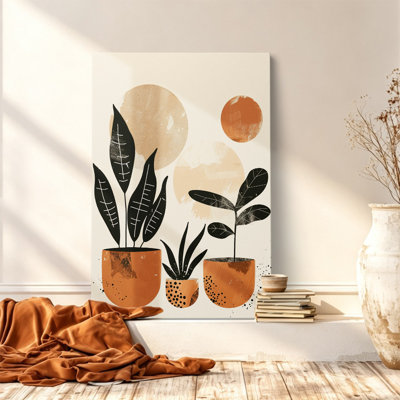 Tableau sur toile de style bohème géométrique avec plantes en pot en terre cuite, imprimé soleil, 45 x 30 cm (18 x 12 pouces) - Décoration de salon