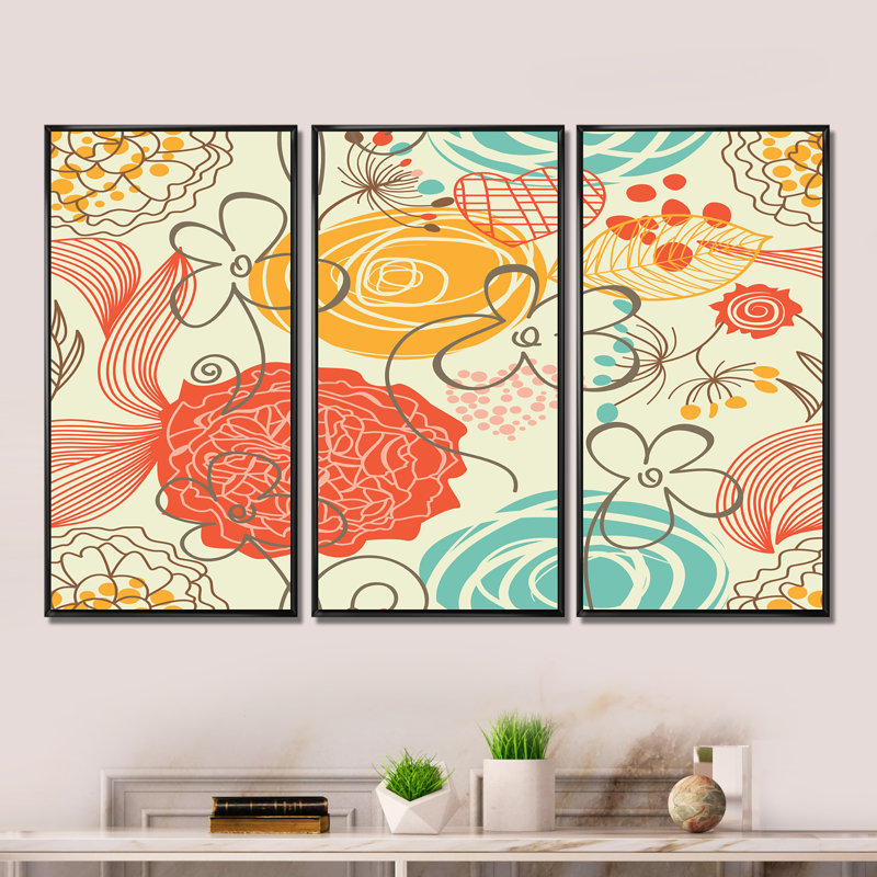 Fleurs rétro orange et bleues - ensemble d'art moderne encadré sur toile Mid-Century, H 28 po x l 36 po x P 1 po, Noir