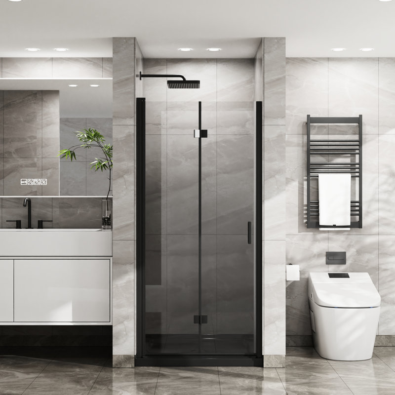 Porte de douche en verre 72 po x 34 po - Balançoire pivotante noire trempée 1/4 po d'épaisseur avec bandes de joint pliantes de 72 po de hauteur et finition facile à installer
