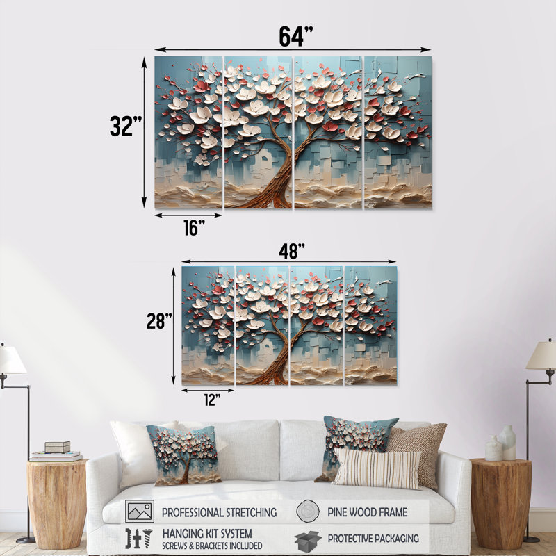 Arbre de fleur rouge et or au clair de lune beauté V - arbre 4 pièces, décoration murale, H 28 po x l 48 po