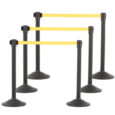 US Weight Black Plastic Stanchion for Crowd Control with 6.5' Retractable Yellow Barrier Belt with Tool-Free Assembly and Belt Ends that Fit Most Brands - Made in the USA - 6 PK