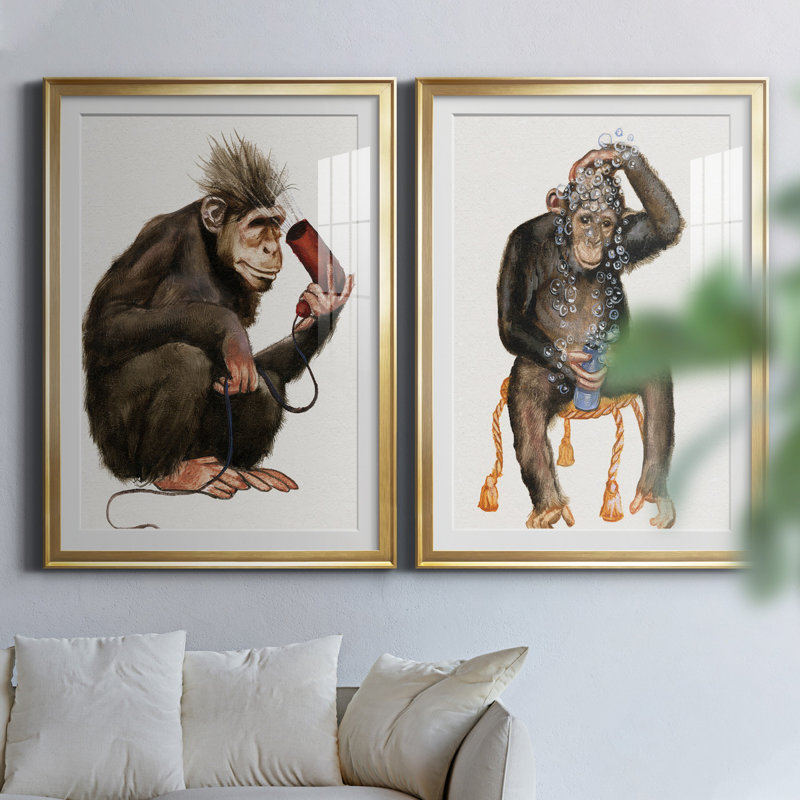 «Bath Animals I», ensemble de 2 impressions, Blanc, Papier encadré doré, H 26,5 po x l 73 po x P 1,5 po