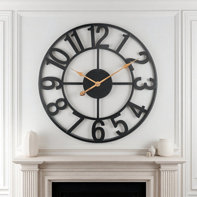 Horloge murale industrielle surdimensionnée de 24 pouces en métal, grands chiffres arabes, silencieux, à piles, pour un salon, noir