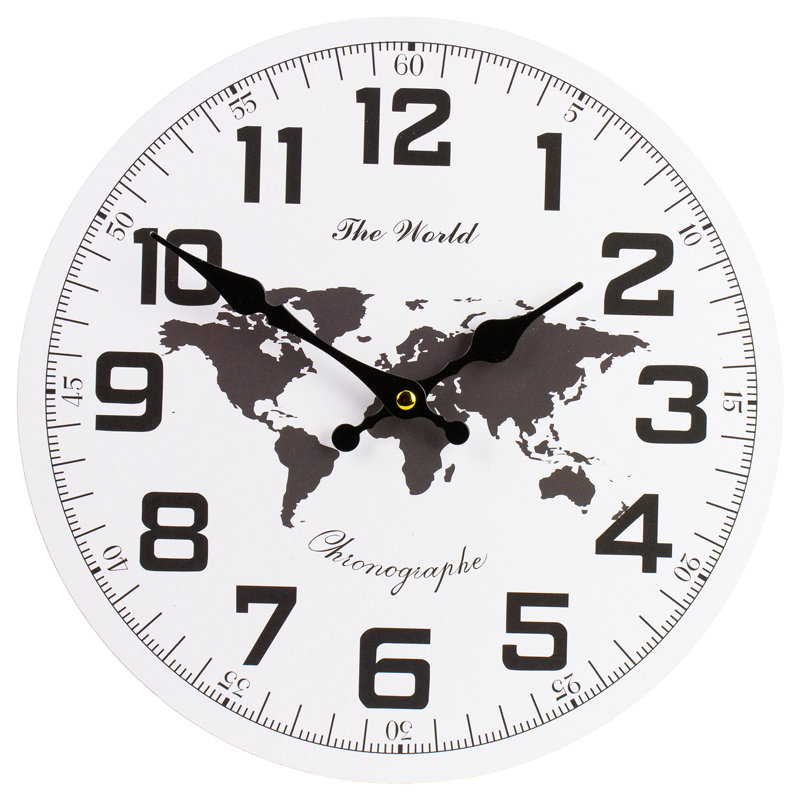 12" White And Black Battery Operated Round Wall Clock With Continent Design