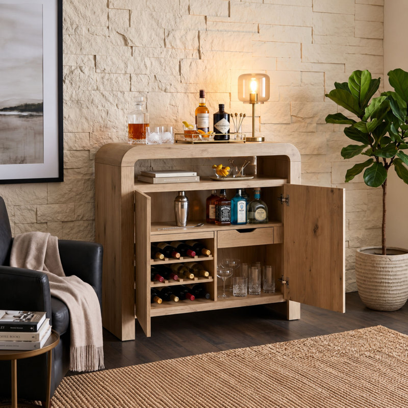 Zina Bar Cabinet with Wine Rack and Soft-Close Storage in English Knotty Oak Veneer
