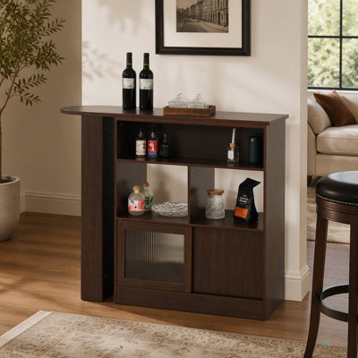 Armoire de bar moderne avec plateau tournant, armoire de salle à manger à hauteur de comptoir avec 6 espaces de rangement et 2 portes en verre nervuré pour la cuisine, plateau tournant avec 3 tablettes de rangement, salle à manger, salon, noyer