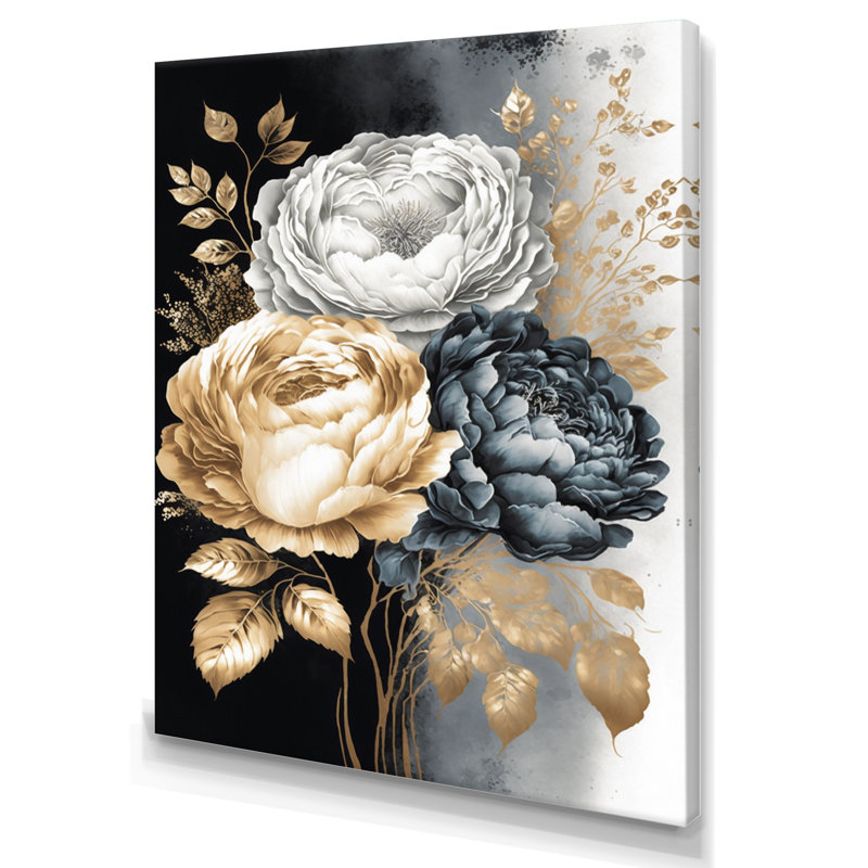 Blanc, or et noir, bouquet de roses I - Art mural rose, H 32 po x l 24 po x P 1 po, Toile tendue