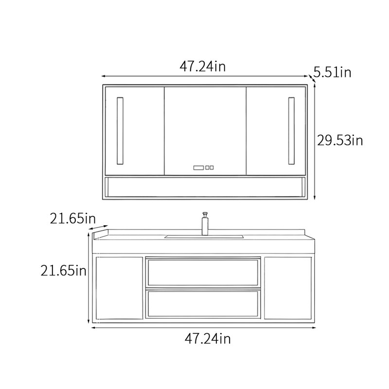 Meuble de salle de bain lumineux de style moderne et luxueux, H 21,65 po x l 47,24 po x P 21,65 po