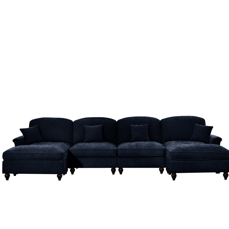 Chenille bleue modulaire confortable à quatre places avec accoudoirs évasés en forme de fleur et mobile pour salon, jupes amovibles, coussin de soutien postural
