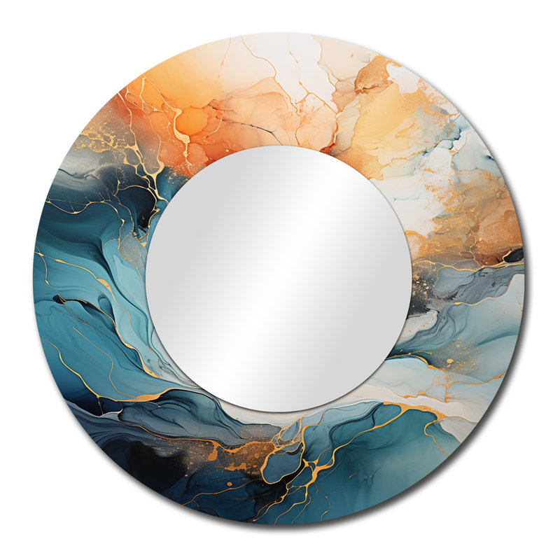 Teal Orange Bold Abstract Flow Collage II - Dams Wall Mirror, Modern Round Decorative Mirror, Printed Metal Art, 29" x 29"