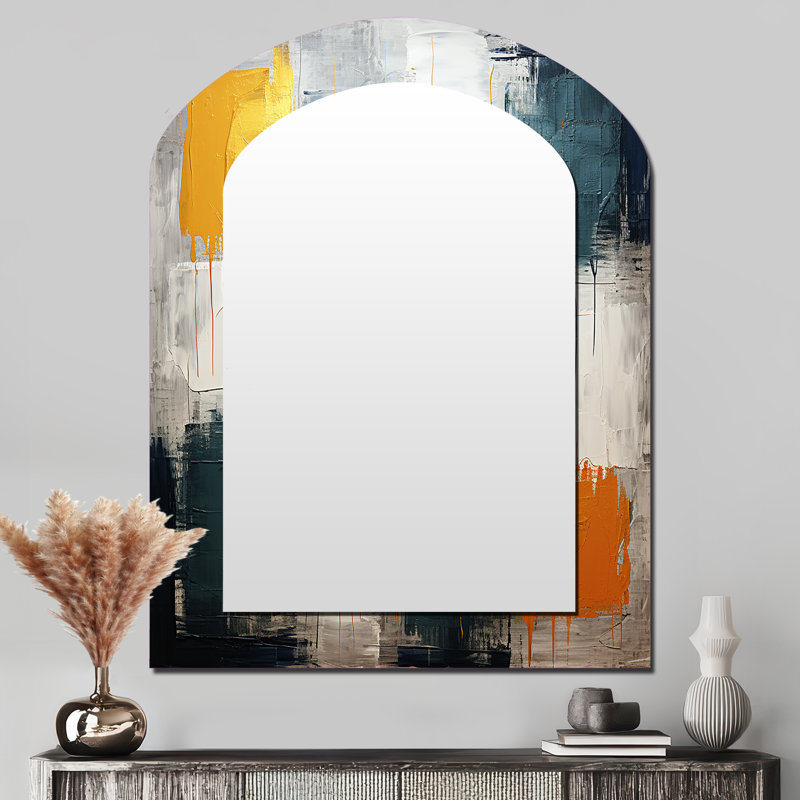 «Bliss Of Happiness» en jaune et bleu VI - miroir décoratif à arc en forme de collage abstrait, 43 po x 33 po