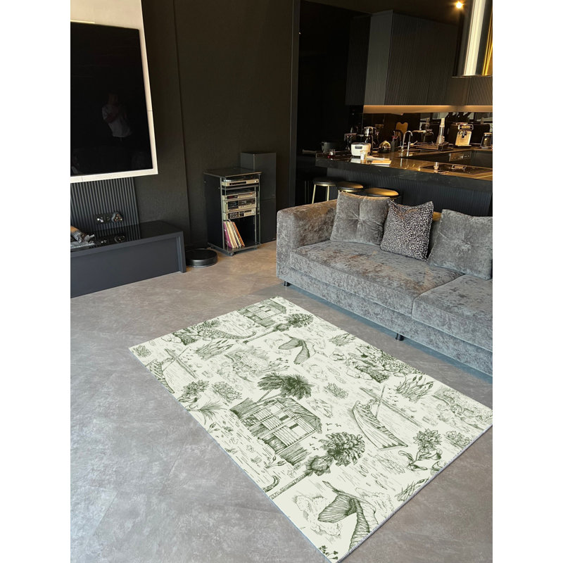 Tapis vert / beige tissé à la main à motif rétro et imprimé numérique, Tapis de couloir 3 pi 3,37 po x 9 pi 10,11 po