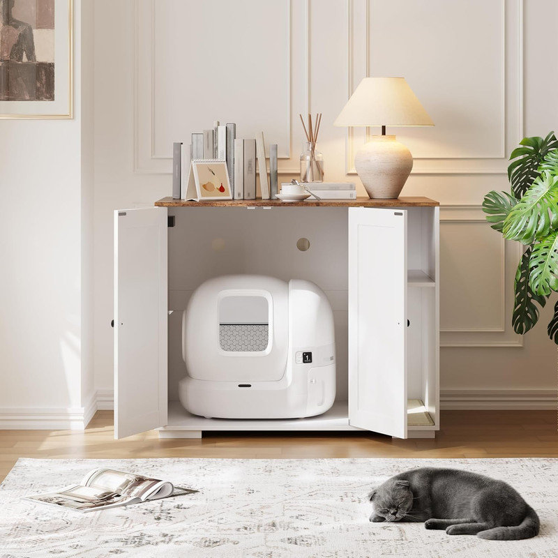 Enceinte pour litière pour chat 3/4, avec prise de courant, tablette résistante aux chiens et collecteur de litière, Blanc